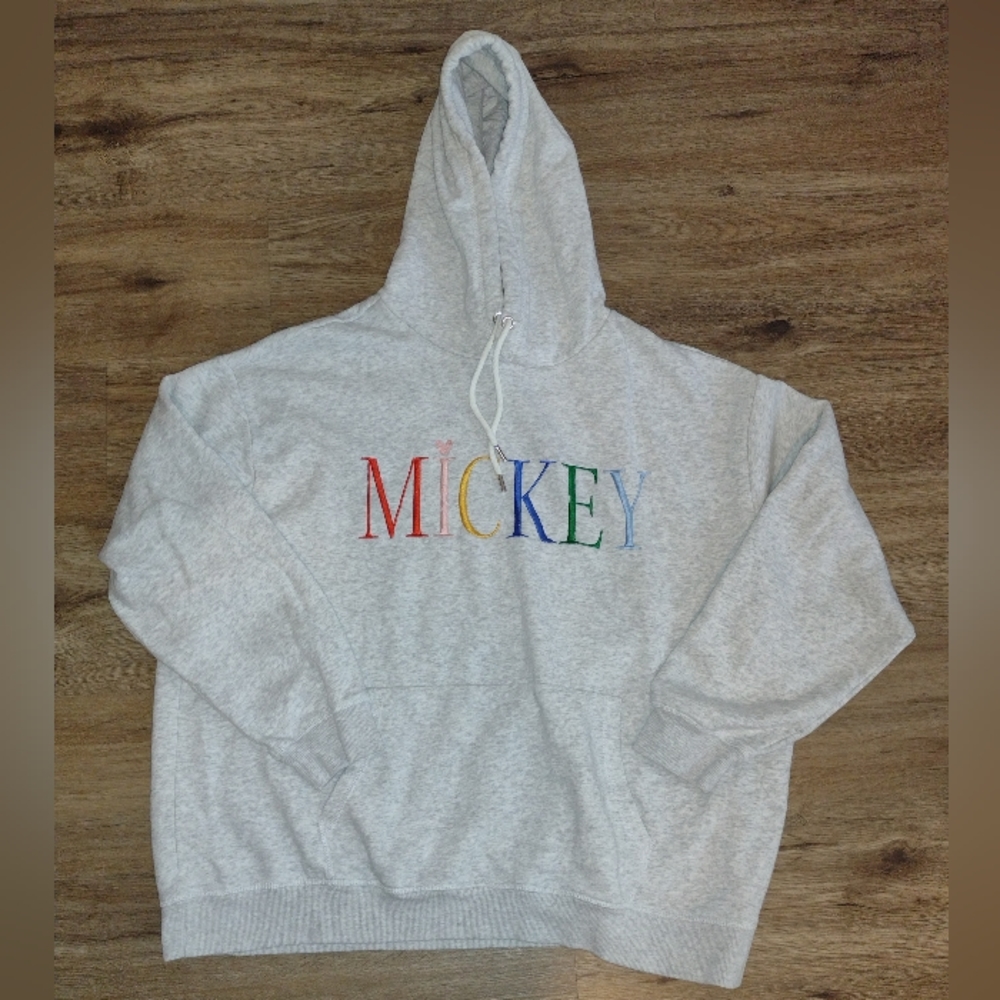 H&M Disney Mickey Mouse Womens Gray Cotton Embroidered Drawstring Hoodie Size XL